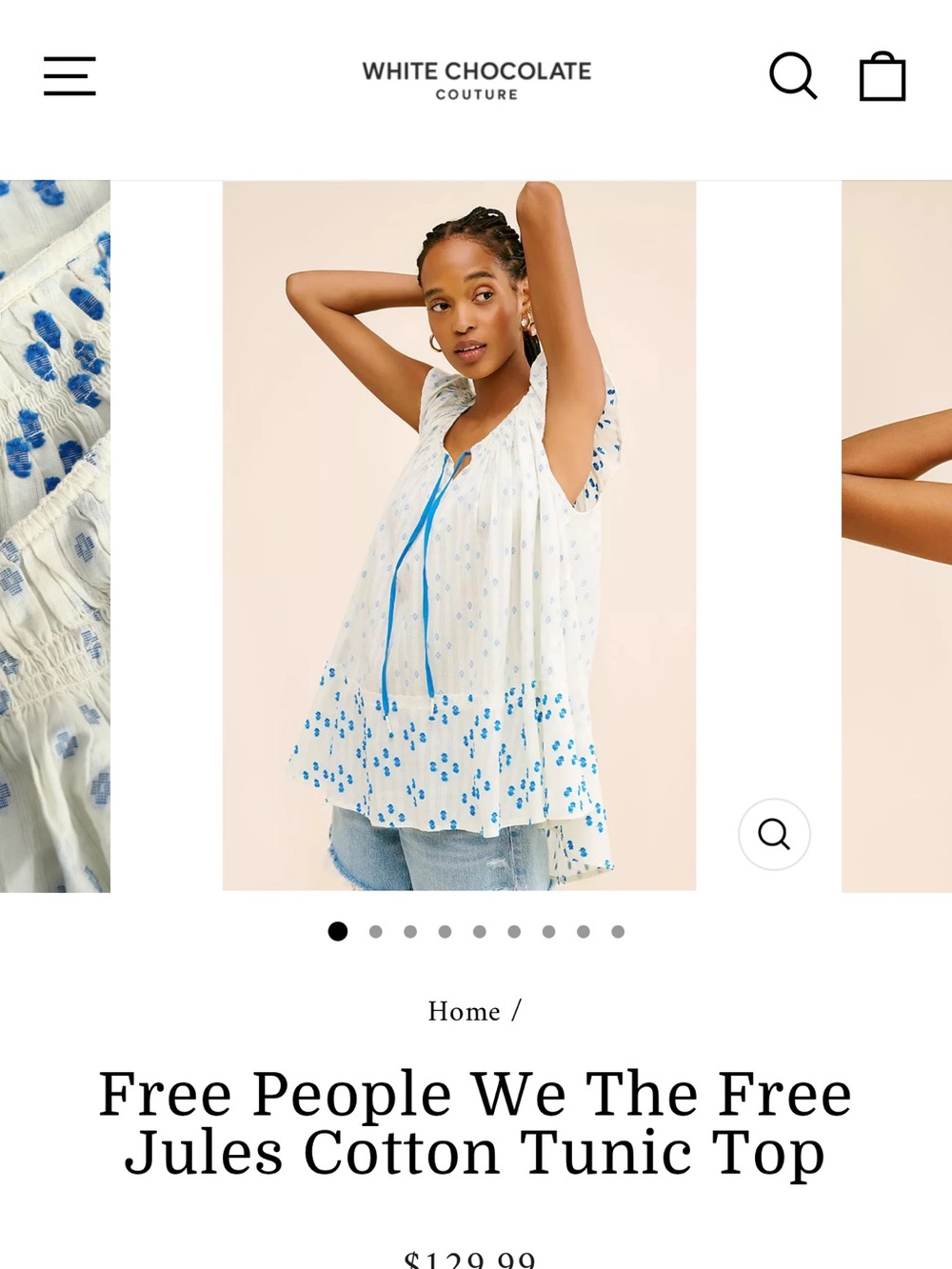 Free People White Tunic Top with Blue Floral Trim